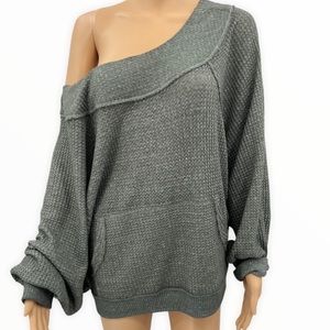 We The Free Olive Gray Off-the-Shoulder Waffle Knit Sweater